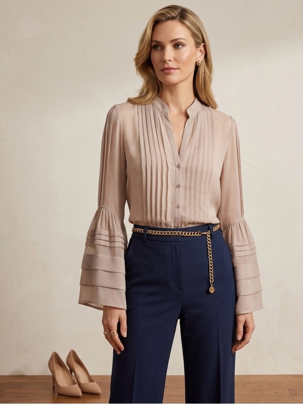 Bizz Pleated Bell-Sleeve Blouse, Taupe Large